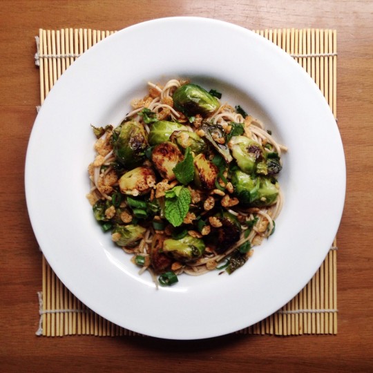 brussels sprout soba salad with fish sauce and mint | rosemarried.com