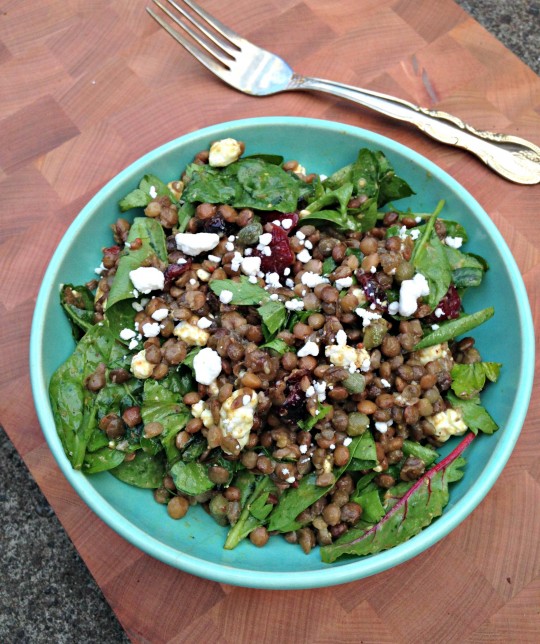 my favorite lentil salad with goat cheese, cranberries, capers and spinach | rosemarried.com